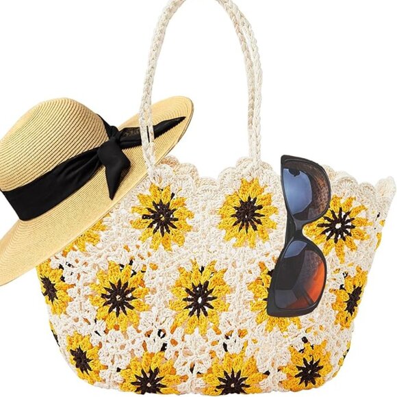 Neiman Marcus White Floral Sunflower Knitted Beach Straw Tote Bag - Picture 5 of 6